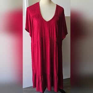 Knox Rose Red Textured A-Line Dress V-Neck Tiered Pullover Short Sleeve Sz XL